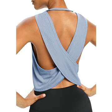 Bestisun Women's Yoga Workout Top with Open Back Design - Light Blue