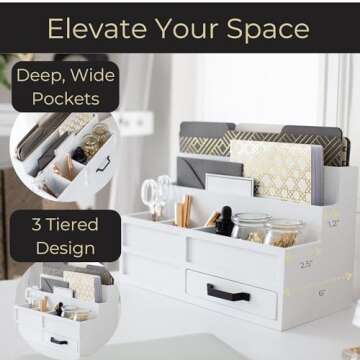 BLU MONACO White Desktop Organizer with Drawer – Paper Wood Bill & Mail Organizer for Office Desk, Countertop & Workspace Storage