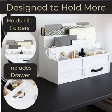 BLU MONACO White Desktop Organizer with Drawer – Paper Wood Bill & Mail Organizer for Office Desk, Countertop & Workspace Storage