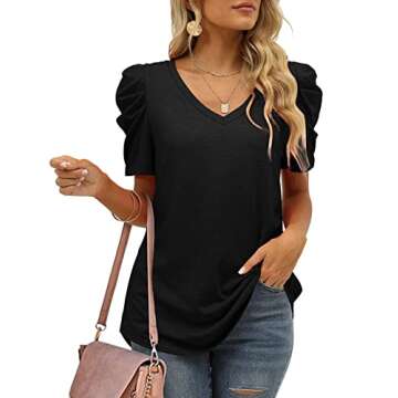 Women's Summer Shirts Casual Puff Sleeve Tops Casual Short Sleeve T-Shirts Black XXS