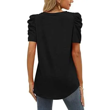 Women's Summer Shirts Casual Puff Sleeve Tops Casual Short Sleeve T-Shirts Black XXS