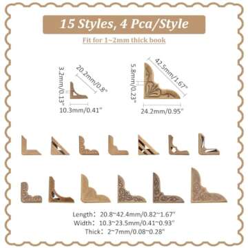 PH PandaHall Book Corners, 60 pcs 15 Styles Iron Corner Protectors Guard Edge Cover, Metal Cover Pad...