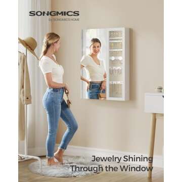 SONGMICS LED Jewelry Cabinet, Mirror with Jewelry Storage, Glass Window, Wall Door-Mounted, 3.9 x 23...