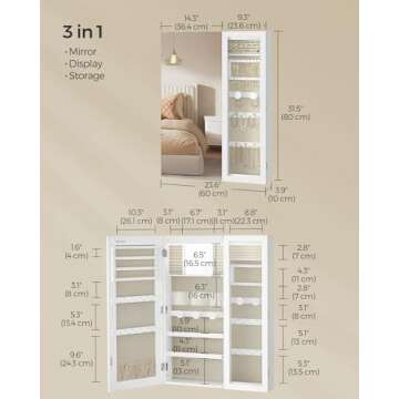 SONGMICS LED Jewelry Cabinet, Mirror with Jewelry Storage, Glass Window, Wall Door-Mounted, 3.9 x 23.6 x 31.5 Inches, Interior Mirror, 3-in-1, Bedroom, Dressing Room, Gift, White and Greige UJJC028W01