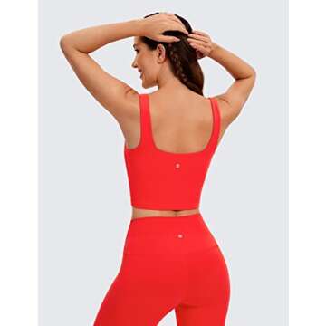 CRZ YOGA Butterluxe Womens Square Neck Longline Sports Bra - Workout Crop Tank Tops Padded Yoga Camisole with Built in Pads Dark Red Small