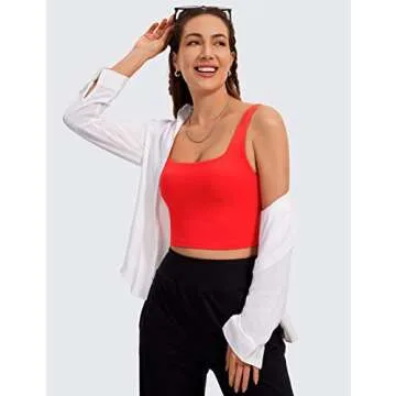CRZ YOGA Butterluxe Womens Square Neck Longline Sports Bra - Workout Crop Tank Tops Padded Yoga Camisole with Built in Pads Dark Red Small