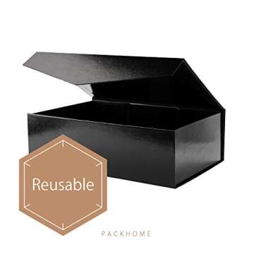 PACKHOME 2 Large Gift Boxes with Lids, Sturdy Collapsible Gift Boxes, Glossy Black, Grass Texture, 13.9 x 9 x 4.4 Inches, Multiple Occasions
