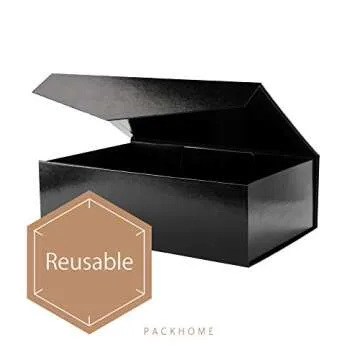 PACKHOME 2 Large Gift Boxes with Lids, Sturdy Collapsible Gift Boxes, Glossy Black, Grass Texture, 13.9 x 9 x 4.4 Inches, Multiple Occasions