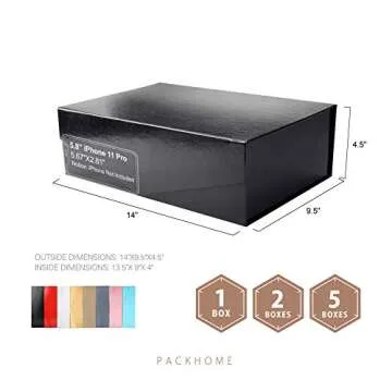 PACKHOME 2 Large Gift Boxes with Lids, Sturdy Collapsible Gift Boxes, Glossy Black, Grass Texture, 13.9 x 9 x 4.4 Inches, Multiple Occasions