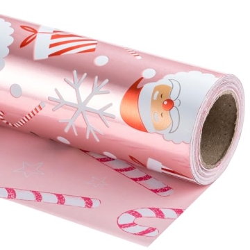 LeZakaa Reversible Christmas Wrapping Paper Roll - Metallic Foil with Santa Claus & Candy Cane in Pi...