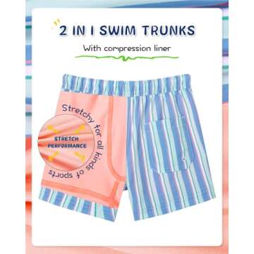 SURF CUZ Boys Swim Trunks with Boxer Brief Liner 2 in 1 Toddler Stretch Swimsuit Shorts Quick Dry Sw...