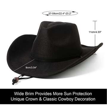 Lanzom Women Men Retro Felt Wide Brim Western Cowboy Cowgirl Hat Dress Up Hat with Wind Lanyard(Blac...