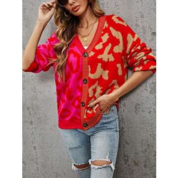 chouyatou Women's Color Block Leopard Print Button Down Long Sleeve Cardigan Sweaters (Large, Rose Red)