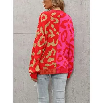 chouyatou Women's Color Block Leopard Print Button Down Long Sleeve Cardigan Sweaters (Large, Rose Red)