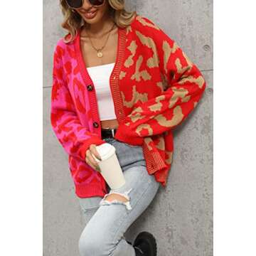 chouyatou Women's Color Block Leopard Print Button Down Long Sleeve Cardigan Sweaters (Large, Rose Red)