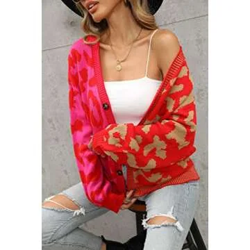 chouyatou Women's Color Block Leopard Print Button Down Long Sleeve Cardigan Sweaters (Large, Rose Red)