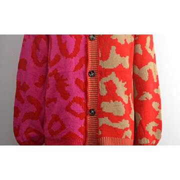 chouyatou Women's Color Block Leopard Print Button Down Long Sleeve Cardigan Sweaters (Large, Rose Red)