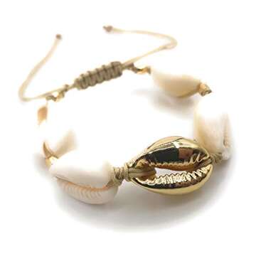 LESLIE BOULES Fashion Bracelet Natural Cowrie Shell Gold Plated Bead Novelty Jewelry