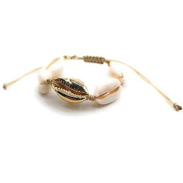 LESLIE BOULES Fashion Bracelet Natural Cowrie Shell Gold Plated Bead Novelty Jewelry