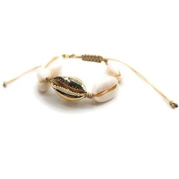 LESLIE BOULES Fashion Bracelet Natural Cowrie Shell Gold Plated Bead Novelty Jewelry