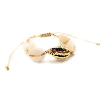 LESLIE BOULES Fashion Bracelet Natural Cowrie Shell Gold Plated Bead Novelty Jewelry