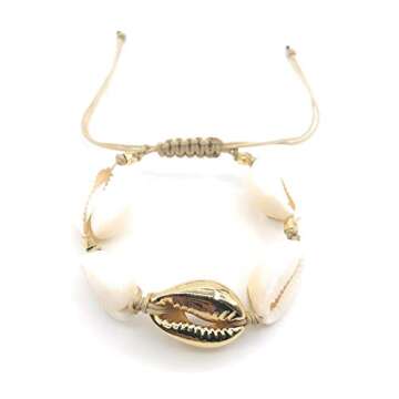 LESLIE BOULES Fashion Bracelet Natural Cowrie Shell Gold Plated Bead Novelty Jewelry