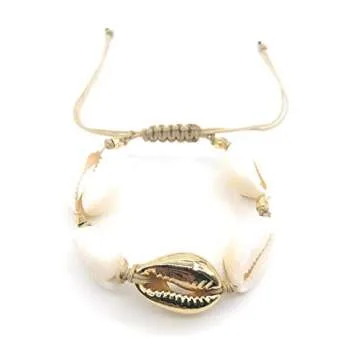 LESLIE BOULES Fashion Bracelet Natural Cowrie Shell Gold Plated Bead Novelty Jewelry