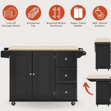 Homestyles Dolly Madison Kitchen Cart with Wood Top and Drop Leaf Breakfast Bar, Rolling Mobile Kitc...
