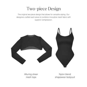 Popilush Long Sleeve Black Body Suits Womens Mesh Shapewear Bodysuit Tummy Control Two Piece Mock Ne...