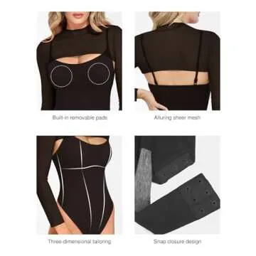 Popilush Long Sleeve Black Body Suits Womens Mesh Shapewear Bodysuit Tummy Control Two Piece Mock Neck Trendy Going Out Tops
