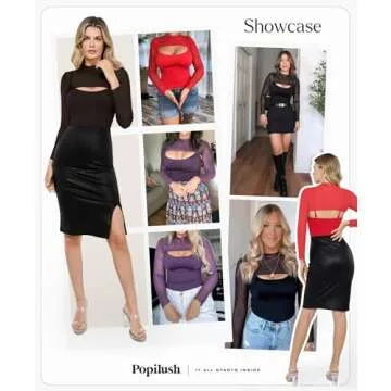 Popilush Long Sleeve Black Body Suits Womens Mesh Shapewear Bodysuit Tummy Control Two Piece Mock Neck Trendy Going Out Tops