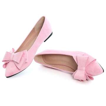 SAILING LU Bow-Knot Ballet Flats Womens Pointy Toe Flat Shoes Suede Dress Shoes Wear to Work Slip On Moccasins Dark Pink Size 9