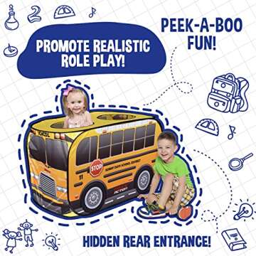 Sunny Days Entertainment Pop Up School Bus – Indoor Playhouse for Kids | Yellow Vehicle Toy Gift f...