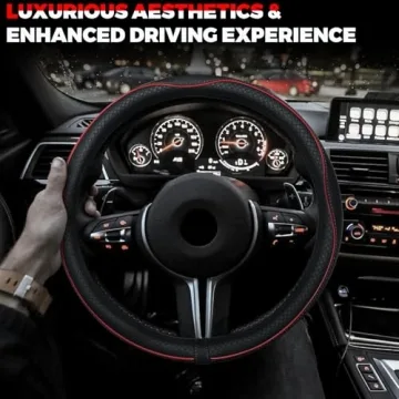Ouzorp Car Steering Wheel Cover, Microfiber Leather Steering Wheel Covers with Anti-Slip Lining, Universal 14.5-15 inchs Black with Red line