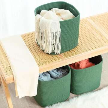 MINTWOOD Design 3-Pack 11x11 Inch Cube Storage Bin, Woven Storage Cube Organizer, Closet Organizer, Cute Square Storage Bins, Decorative Classroom Bathroom Pantry and Shelf Baskets, Green