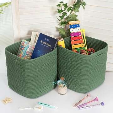 MINTWOOD Design 3-Pack 11x11 Inch Cube Storage Bin, Woven Storage Cube Organizer, Closet Organizer, Cute Square Storage Bins, Decorative Classroom Bathroom Pantry and Shelf Baskets, Green