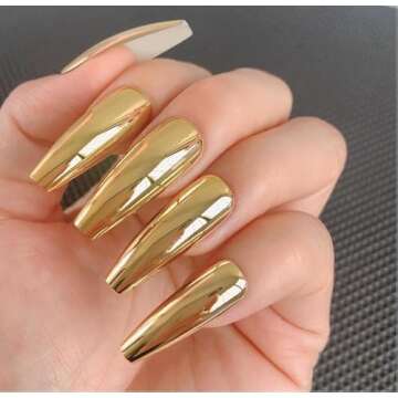 Metal Coffin Fake Nails Extra Long Gold Yellow Chrome Reflective False Press On Nails Mirror Punk Rock Acrylic Nails Full Cover Fingernails Decorations 24pcs
