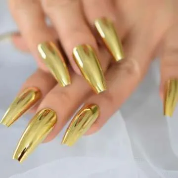 Metal Coffin Fake Nails Extra Long Gold Yellow Chrome Reflective False Press On Nails Mirror Punk Rock Acrylic Nails Full Cover Fingernails Decorations 24pcs