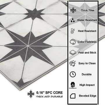 Peel and Stick Floor and Wall Tile for Bathroom Kitchen SPC Vinyl Self Adhesive Flooring Tile 9x9In Black Star Encaustic Patterned Groutble Backsplash Tile 16 Tiles, 9.12 Sq Ft.