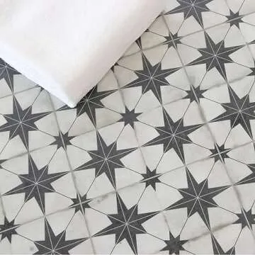 Peel and Stick Floor and Wall Tile for Bathroom Kitchen SPC Vinyl Self Adhesive Flooring Tile 9x9In Black Star Encaustic Patterned Groutble Backsplash Tile 16 Tiles, 9.12 Sq Ft.