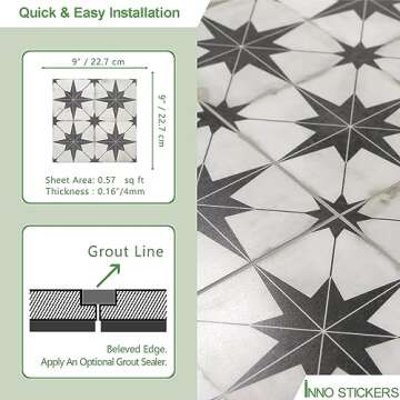 Peel and Stick Floor and Wall Tile for Bathroom Kitchen SPC Vinyl Self Adhesive Flooring Tile 9x9In Black Star Encaustic Patterned Groutble Backsplash Tile 16 Tiles, 9.12 Sq Ft.