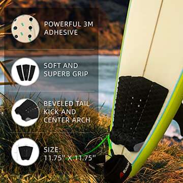 Abahub 3 Piece EVA Surfboard Deck Traction Pads with Kicker for Stomp Skimboards, Surf Boards, Funbo...