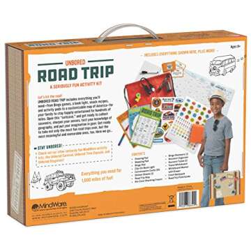 MindWare Unbored Activity Kits: Road Trip Survival Kit - Family Road Trip Activities Box with Games, Maps, Recipes, & Tools