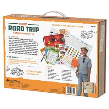 MindWare Unbored Activity Kits: Road Trip Survival Kit - Family Road Trip Activities Box with Games, Maps, Recipes, & Tools