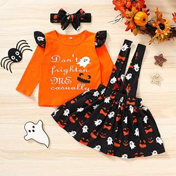HAPPYMA Toddler Baby Girls Halloween Outfit Pumpkin Plaid Ruffles Sleeve Shirt Tops Suspender Skirt Clothes Set