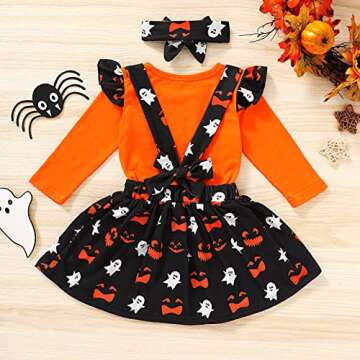 HAPPYMA Toddler Baby Girls Halloween Outfit Pumpkin Plaid Ruffles Sleeve Shirt Tops Suspender Skirt Clothes Set