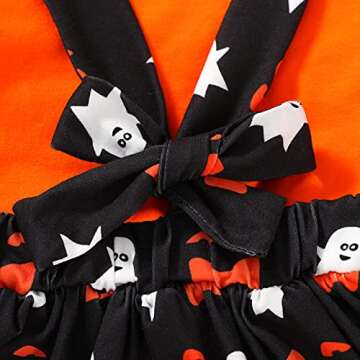 HAPPYMA Toddler Baby Girls Halloween Outfit Pumpkin Plaid Ruffles Sleeve Shirt Tops Suspender Skirt Clothes Set