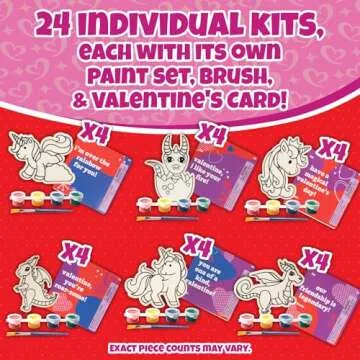 Set of 24 Valentines Cards for Kids Classroom - Valentine's Day Unicorn &Dragon Wood Painting Kits for Kids School -Each Valentines Gift Has Complete Craft Kit & Card for Boys Girls Classroom Exchange