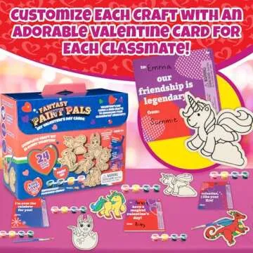 Set of 24 Valentines Cards for Kids Classroom - Valentine's Day Unicorn &Dragon Wood Painting Kits for Kids School -Each Valentines Gift Has Complete Craft Kit & Card for Boys Girls Classroom Exchange