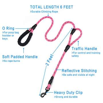 Rope Dog Leash 6ft Long,Traffic Padded Two Handle,Heavy Duty,Reflective Double Handles Lead for Cont...